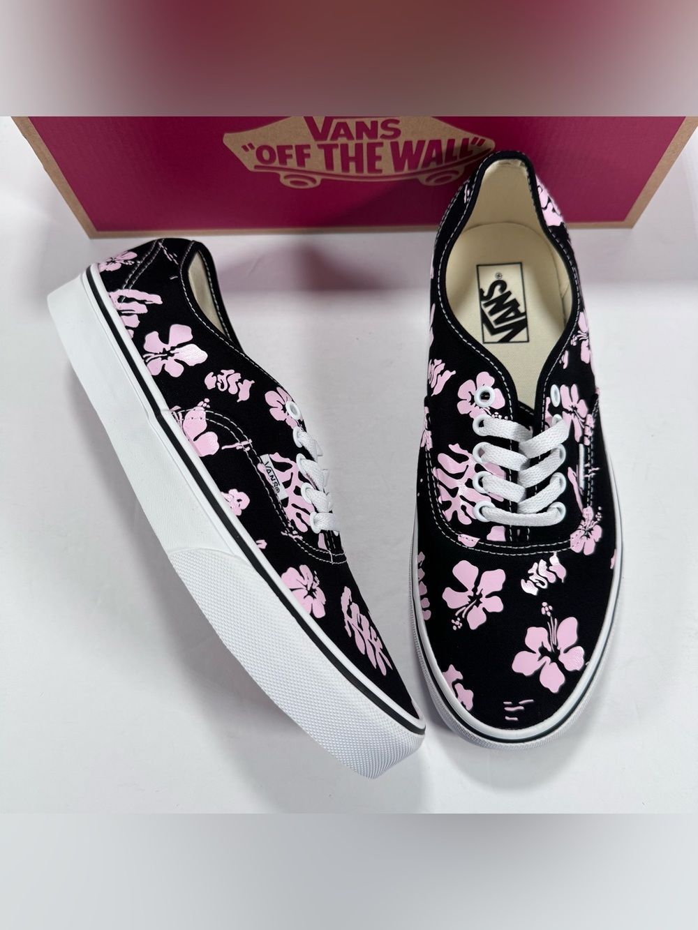Vans Authentic Archive Black Pink Hibiscus Flower Print Sneaker Men 9.5 Women 11